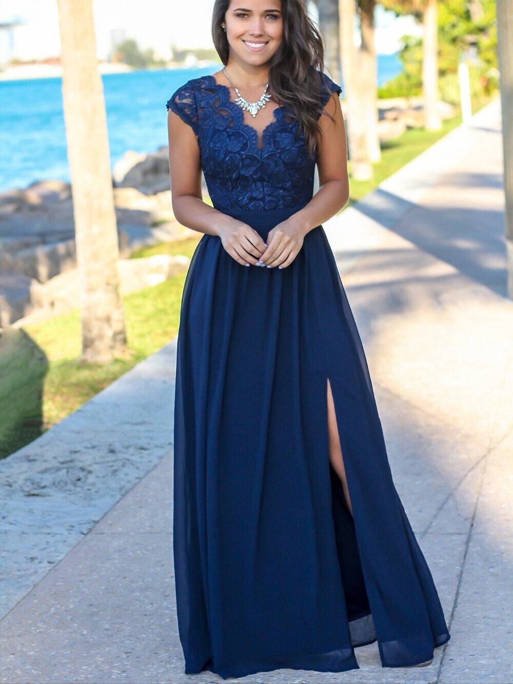 Elegant Navy Lace Bodice Evening Dress with Side Slit